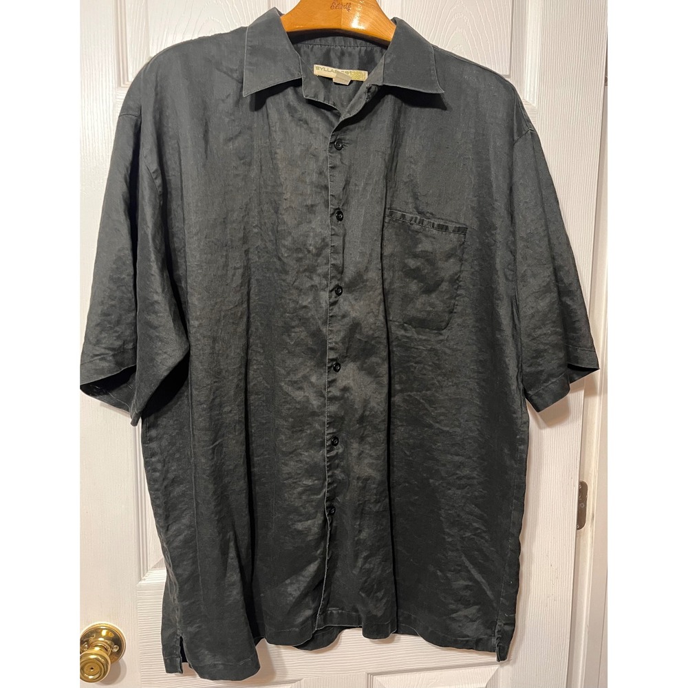 Syllables Mens 3XL Black 100% Linen‎ Short Sleeve Button Up Shirt Pocket Relaxed